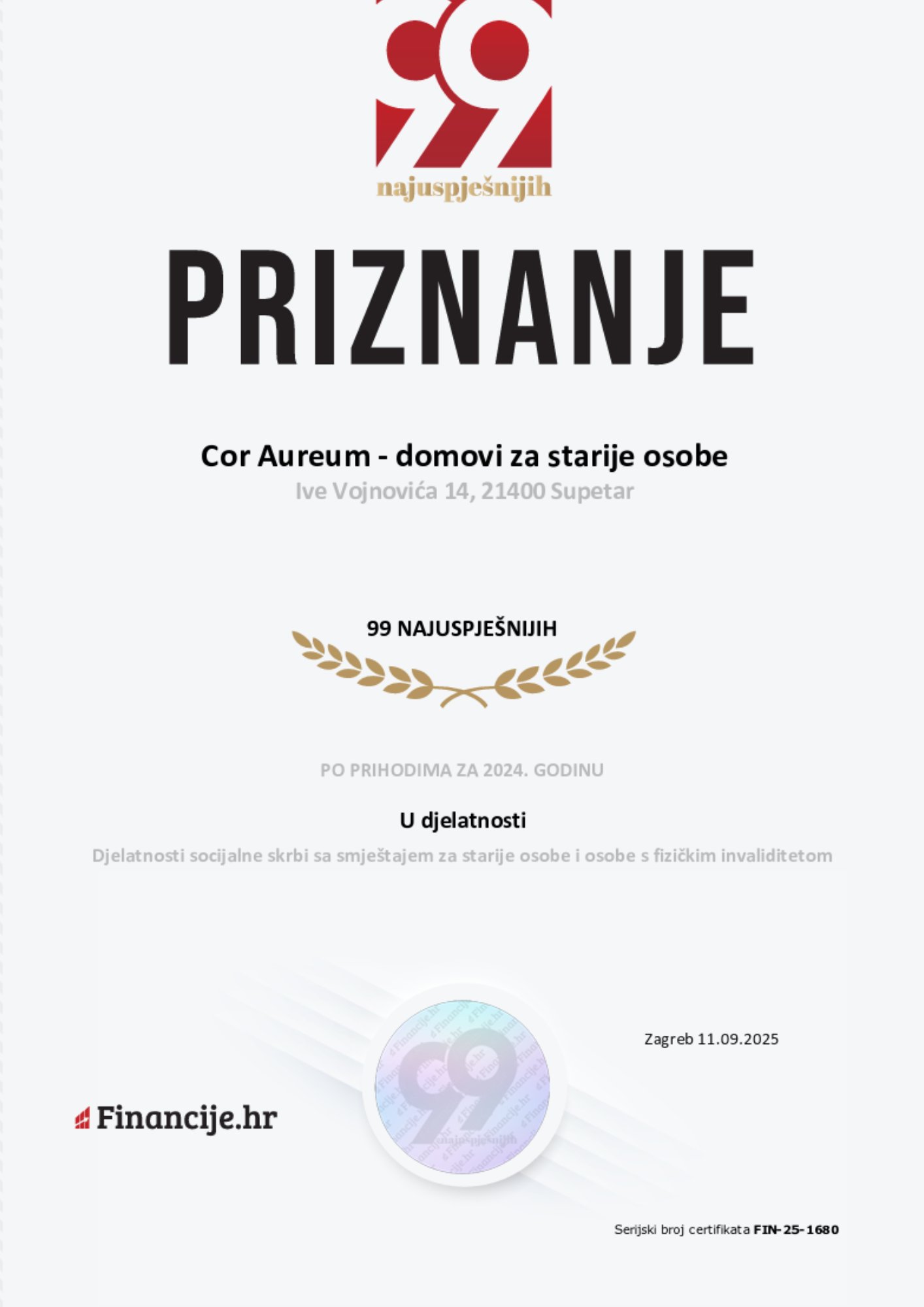 Cor Aureum priznanje